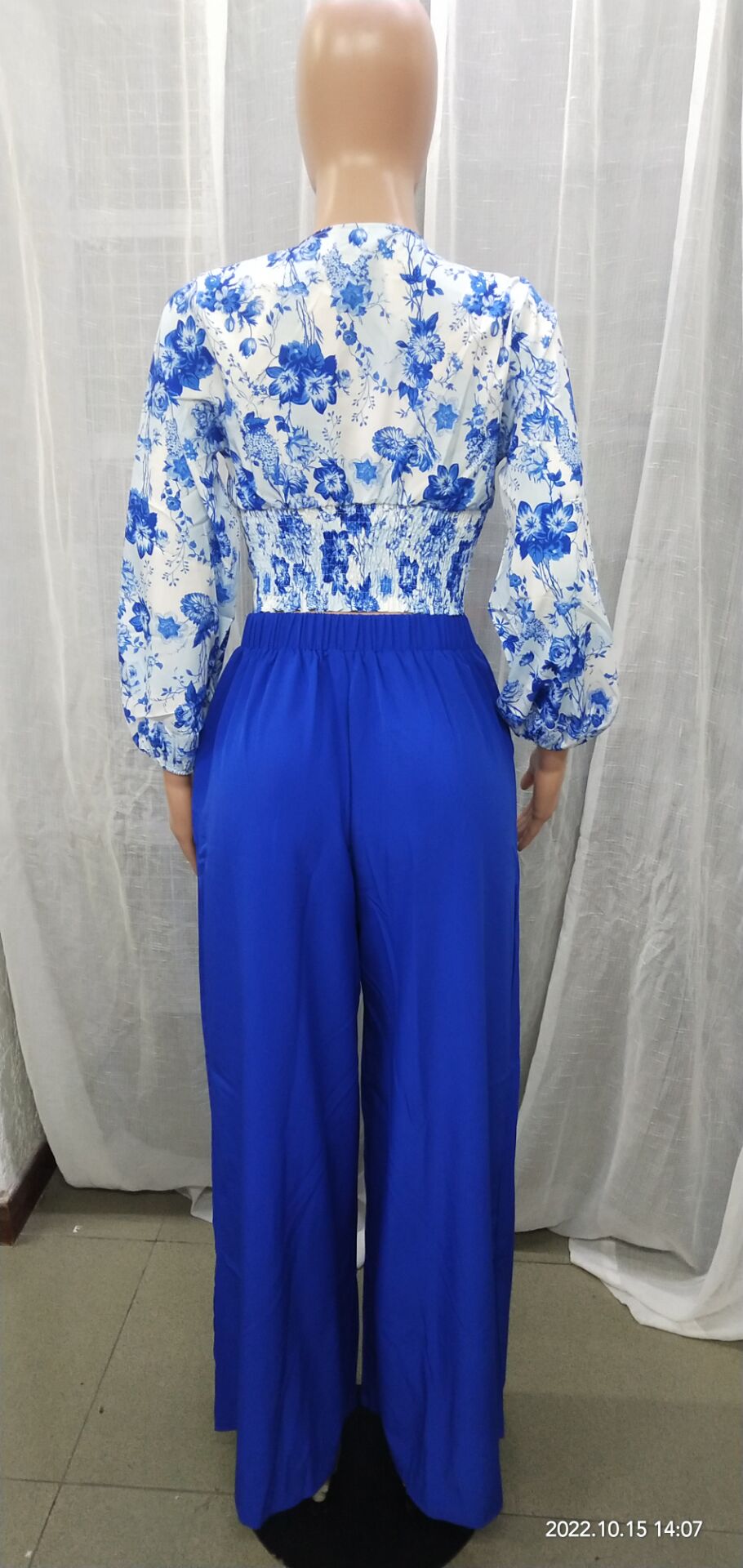 Autumn V-Neck Women'S Puff Sleeve Print Top Wide Leg Pants Fashion Two Piece Set 14