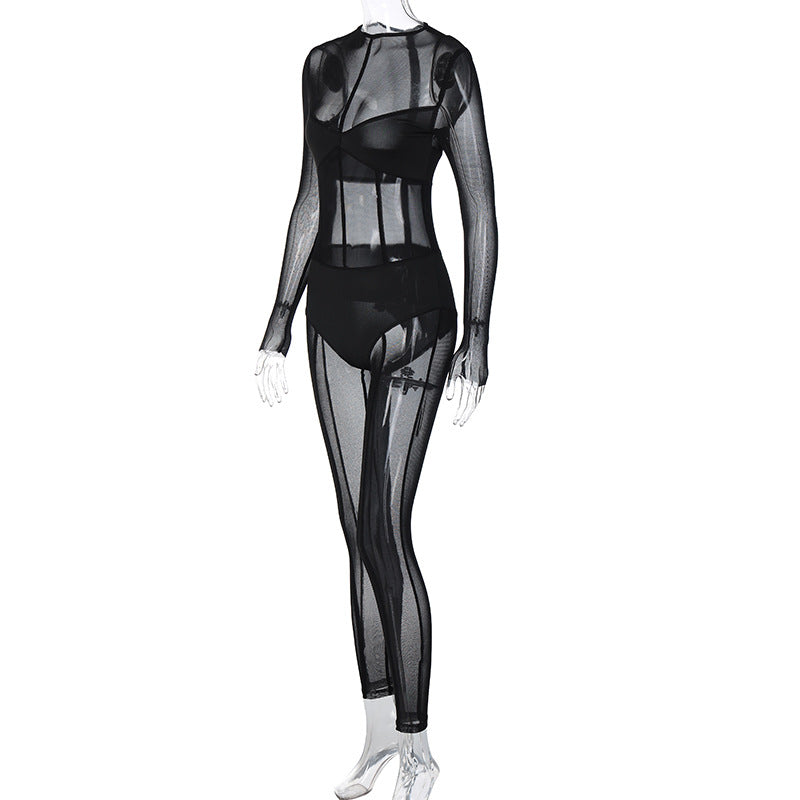 Women Long Sleeve Mesh Sexy See-Through Jumpsuit 7