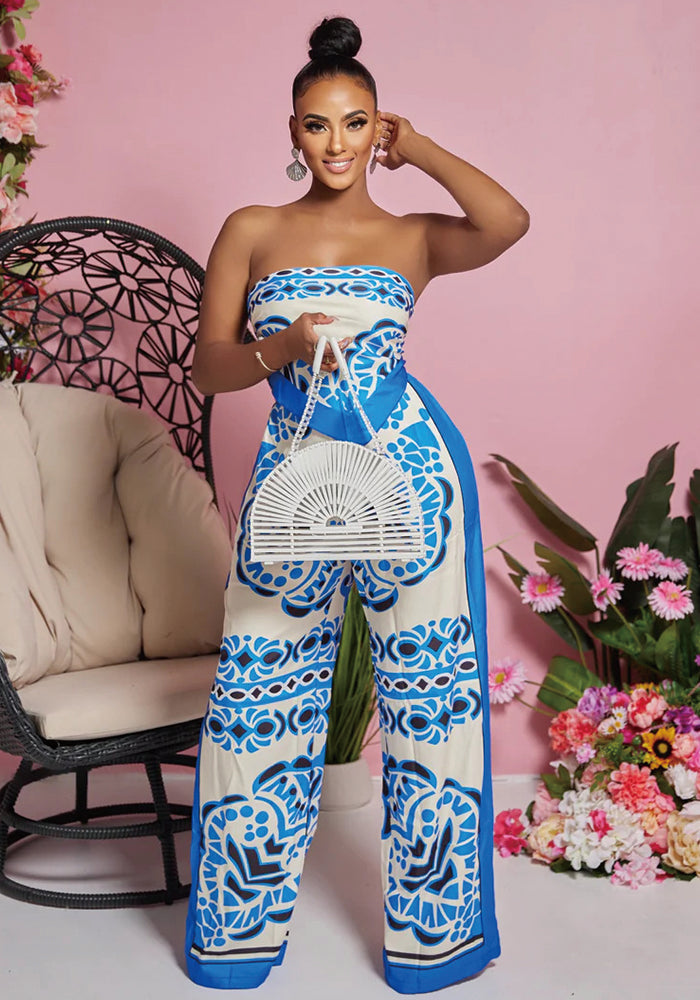 Women's Printed Strapless Wide Leg Pant Two-Piece Set