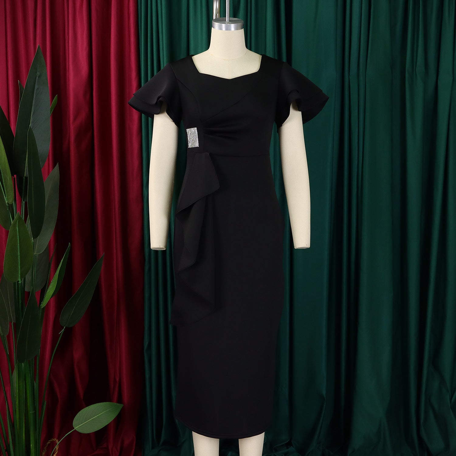 Women Elegant Ruffle Solid Bodycon Dress 24