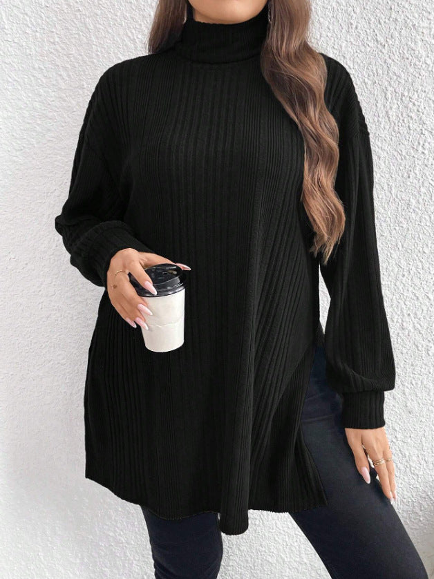 Plus Size Women High Neck Slit Knitting T-Shirt 5