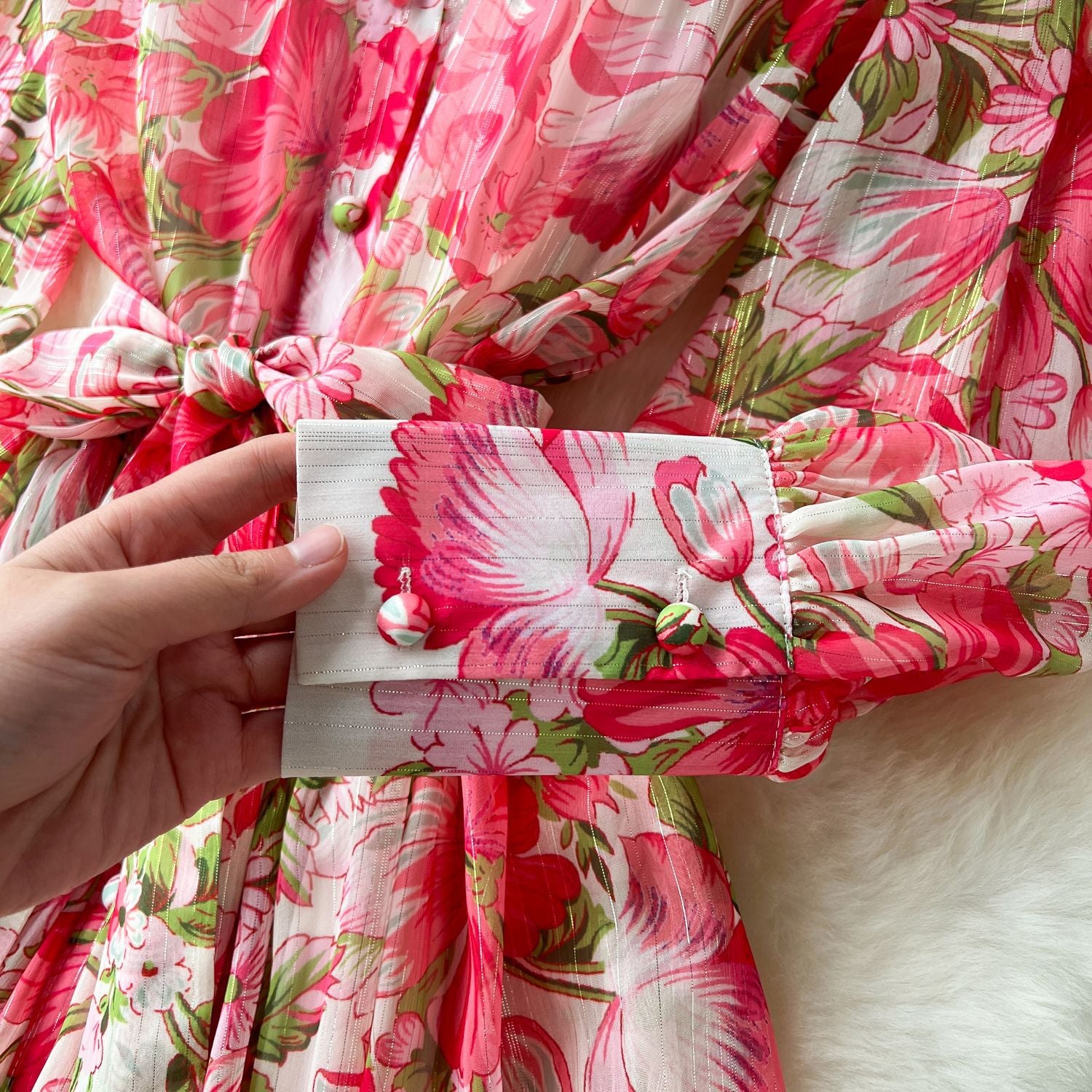 Printed Stand Collar Long-Sleeve Slim Waist Belt Chiffon Maxi Dress 11