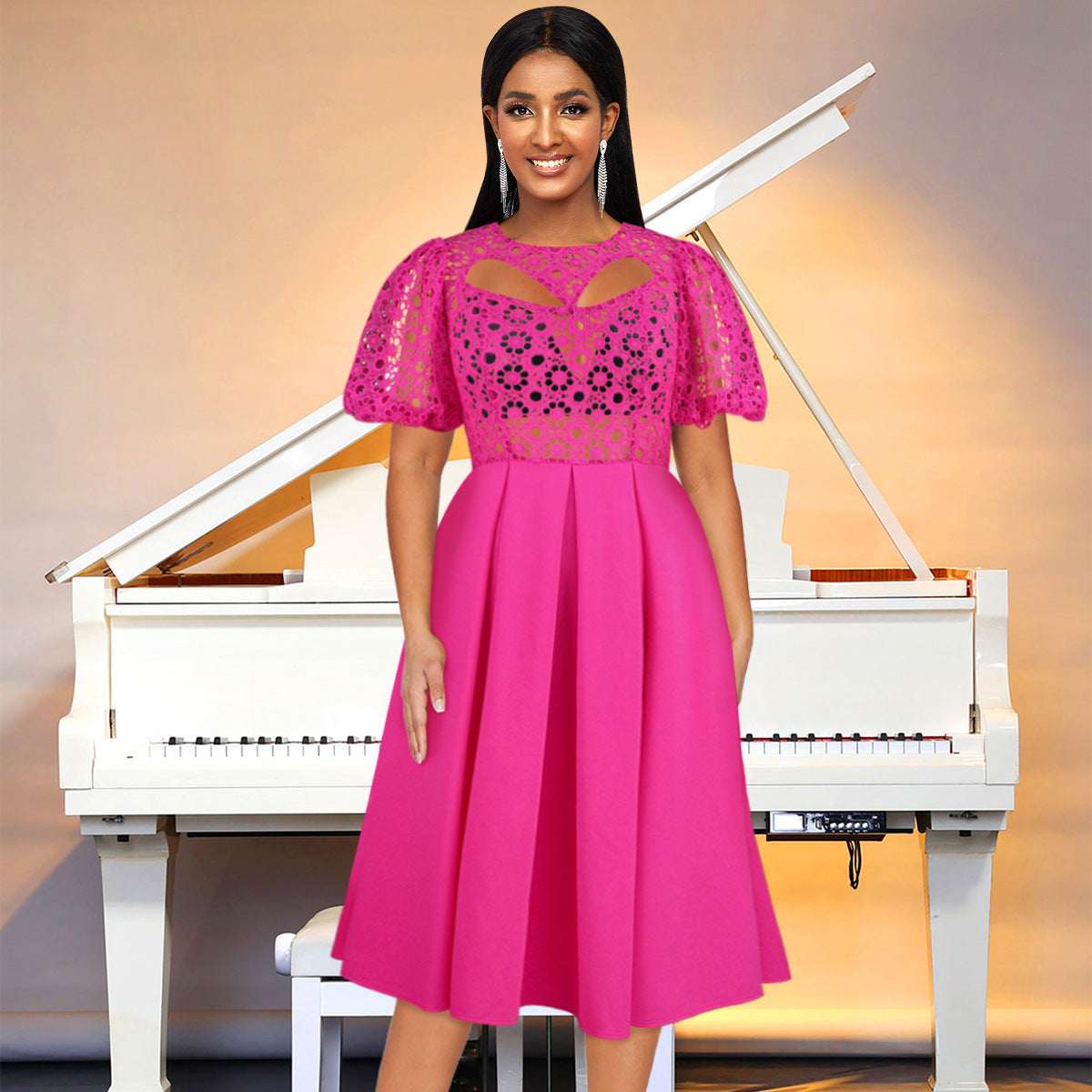 Women Elegant Lace Patchwork Hollow Party Dresses 3