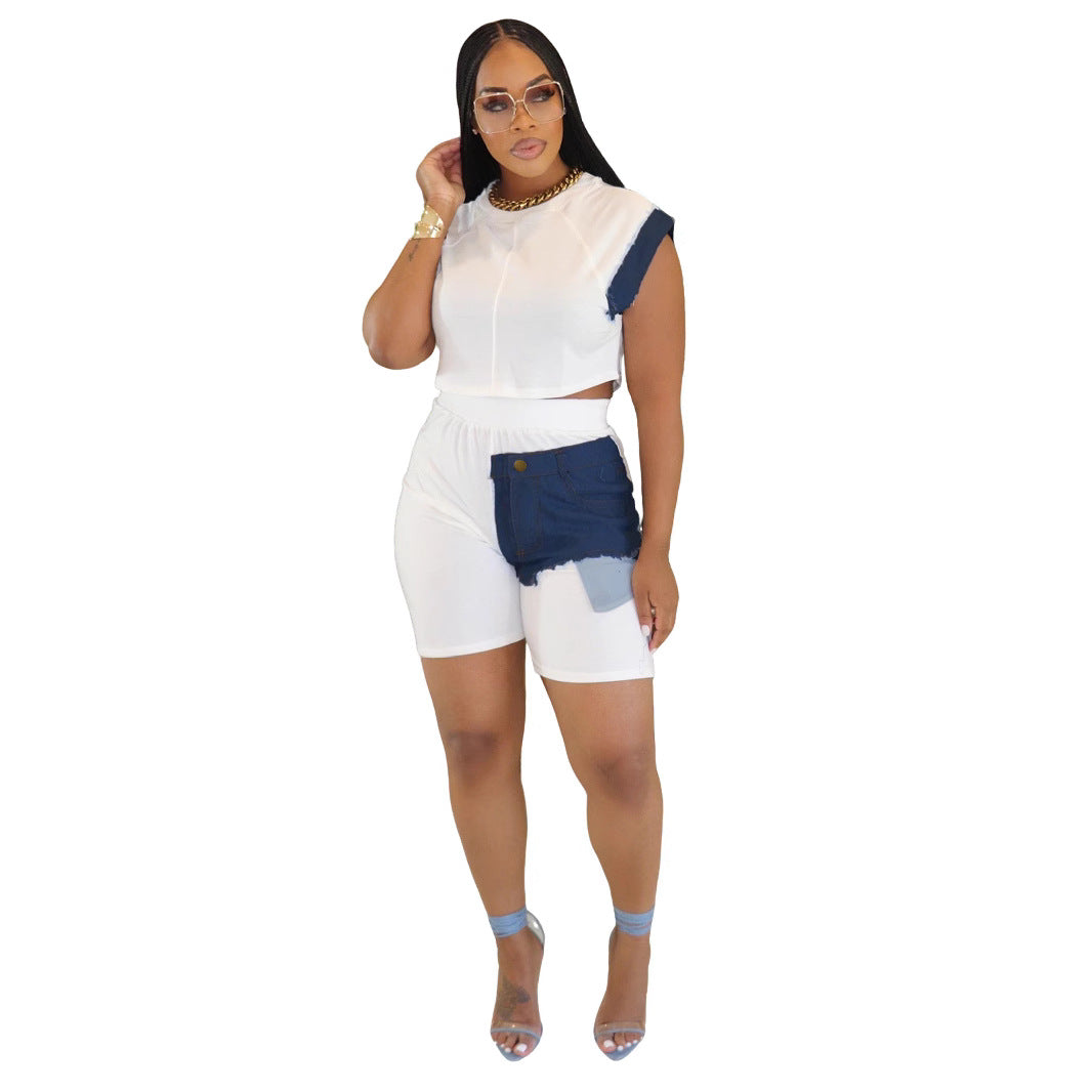 Women Casual Denim Patchwork Short-sleeved Top and Shorts Two-piece Set 5