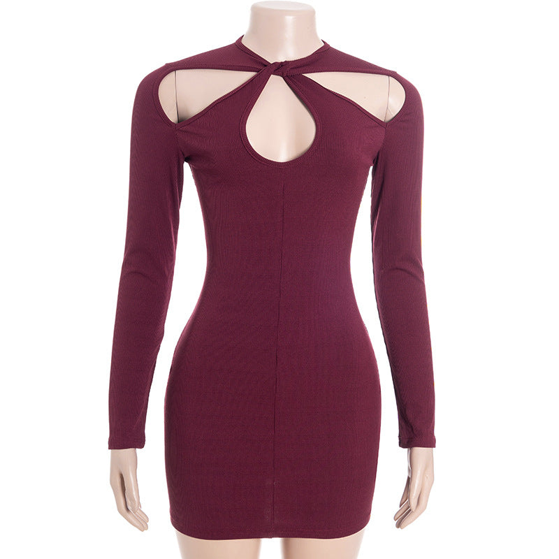 Women Round Neck Cut-Out Knot Long-Sleeved Solid Bodycon Dress 6