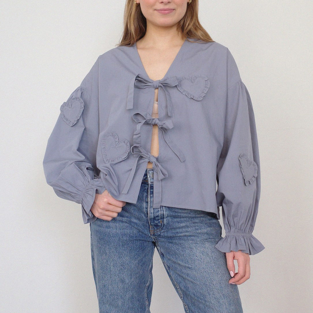 Long Sleeve Solid Color Lace-Up Tie Bow Shirt Top 7