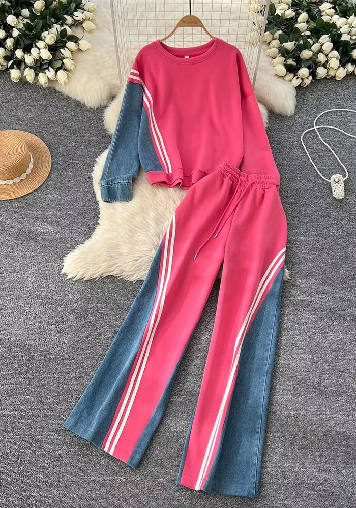 Casual Sports Autumn Loose Round Neck Top High Waist Denim Patchwork Trousers Two Piece Set