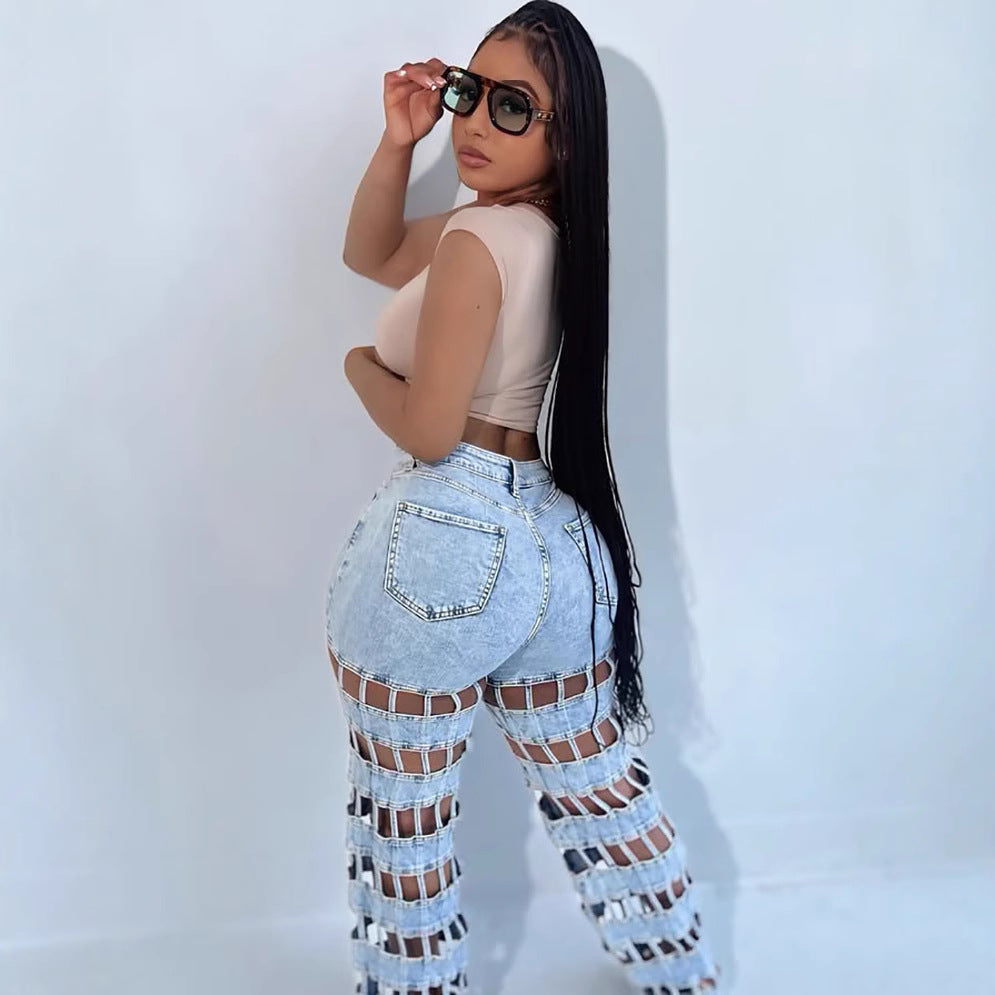 Women trendy hollow ripped checkered denim pants 3