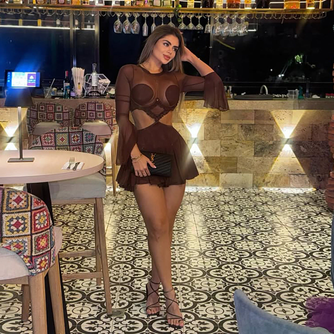 Women autumn sexy mesh patchwork see-through long-sleeved dress 3