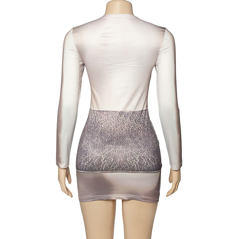Fall Round Neck Long Sleeve Printed Slim Fit High Waist Bodycon Short Dress 7