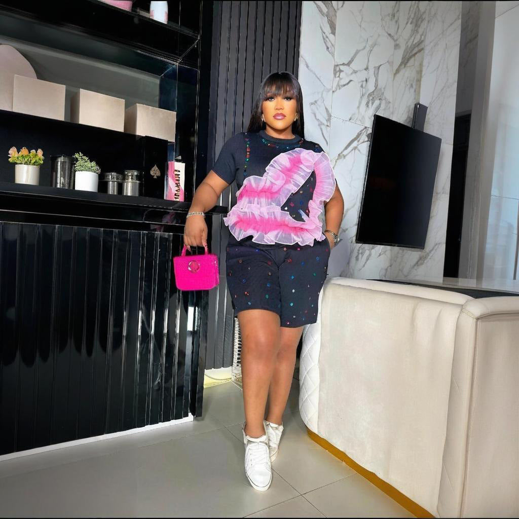 Women Summer Round Neck Beaded Short Sleeve Top Shorts Casual Two Piece Set 3