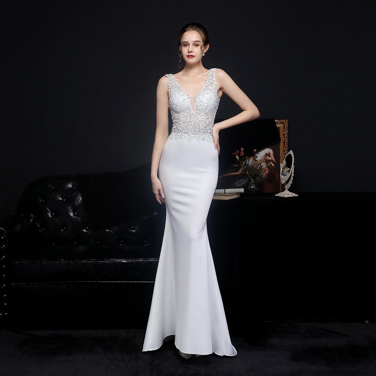 Elegant Lace Diamond Formal Party Dress Bride Long Mermaid Evening Dress 3