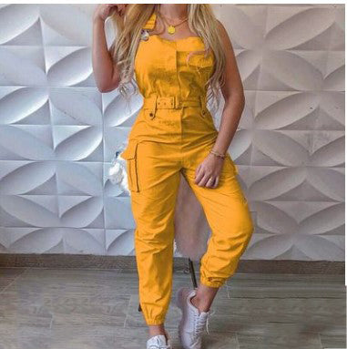 Women's Belt Sleeveless Overalls Cargo Jumpsuit 5