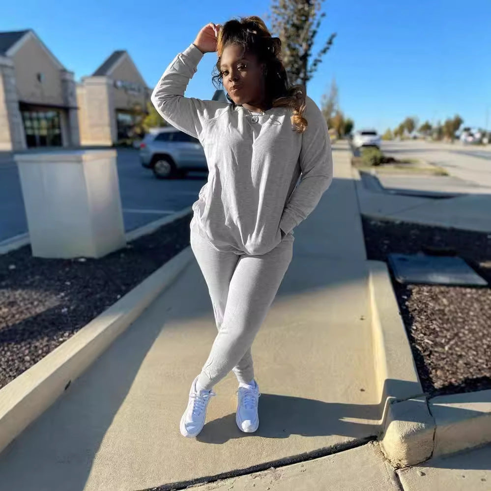 Women's Autumn winter solid color cotton drawstring pocket sports longs leeve two-piece pants set 10