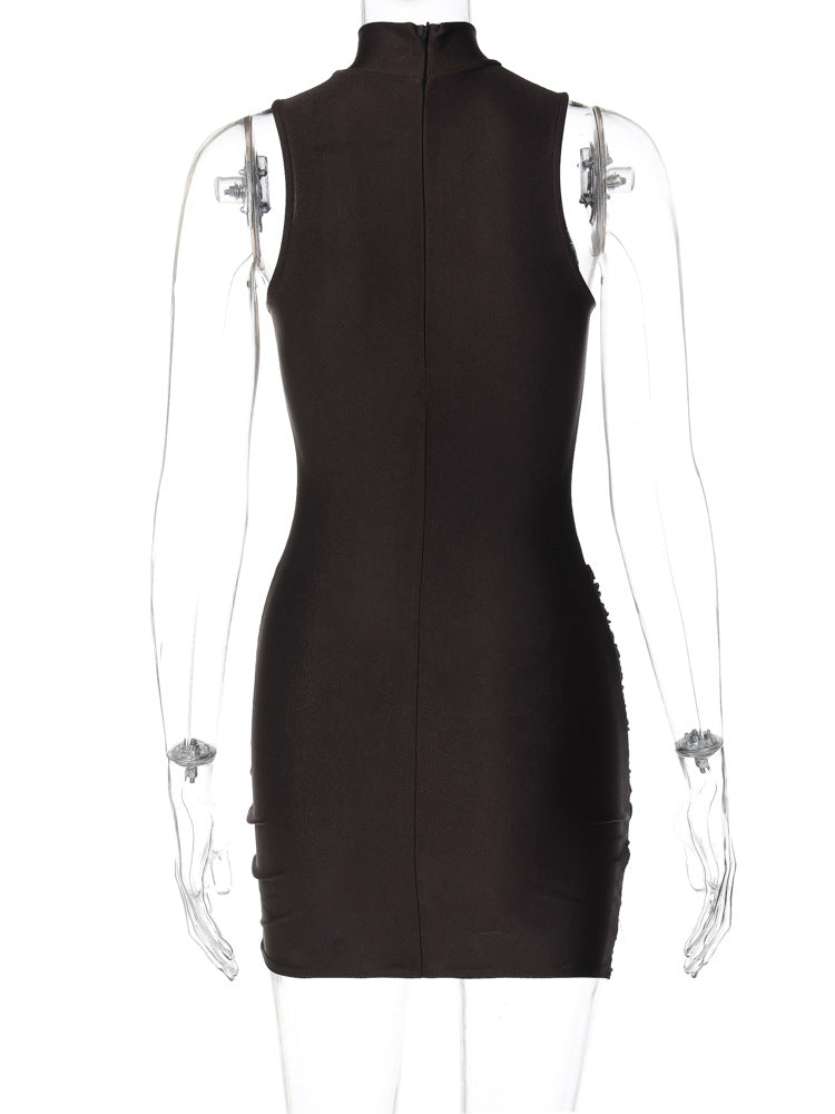 Women's Sexy Half Turtle Neck Sleeveless Slim Pleated Bodycon Dress 8