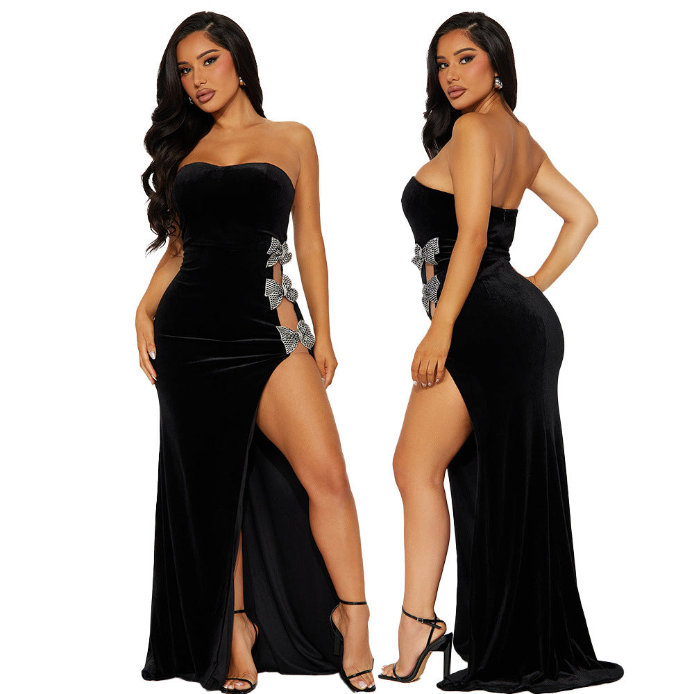 Women Diamond Bow Velvet Slit Dress 6