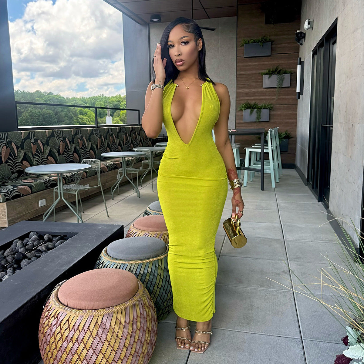 Women Sexy V-Neck Metal Halter Neck Maxi Dress