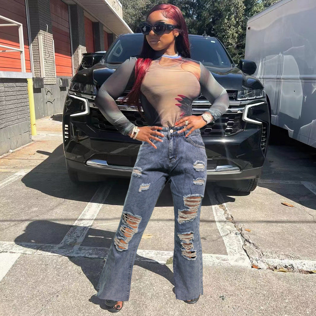 Women Pocket Ripped Straight Washed Denim Pants 5