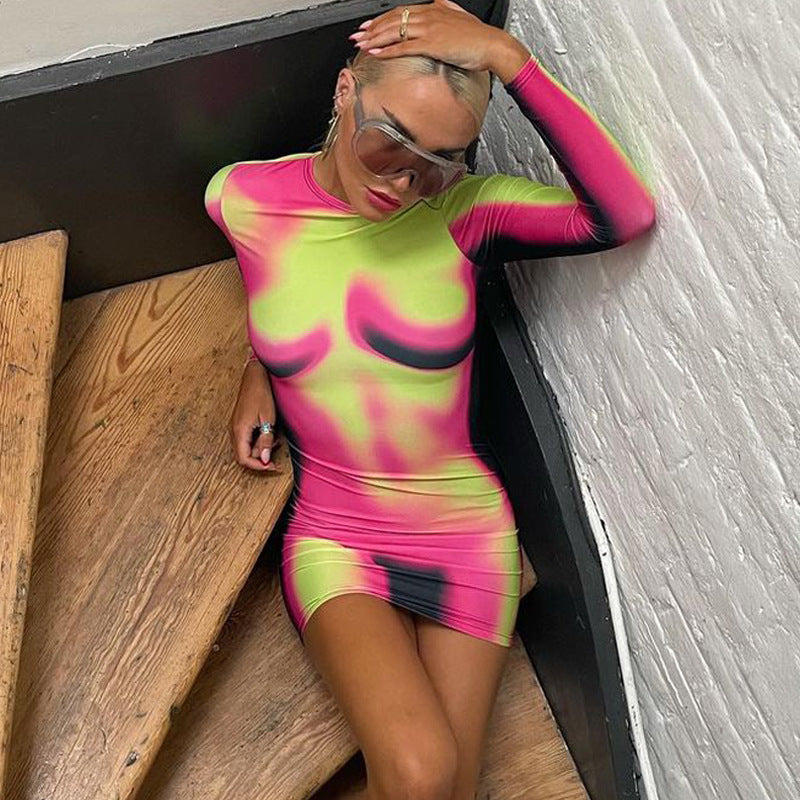 Women Spring and Summer Printed Round Neck Long Sleeve Bodycon Dress 3
