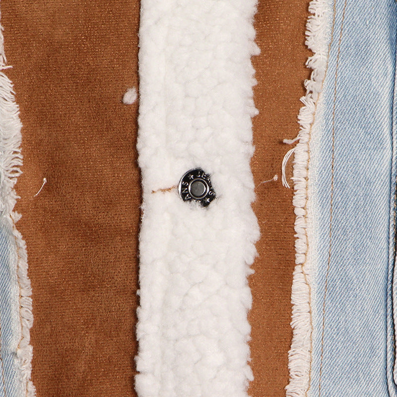 Women Denim Lamb Wool Autumn and Winter Patchwork Style Single Breasted Crop Jacket 13