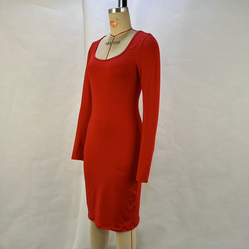 Women Autumn and Winter Square Neck Long Sleeve Solid Bodycon Dress 12