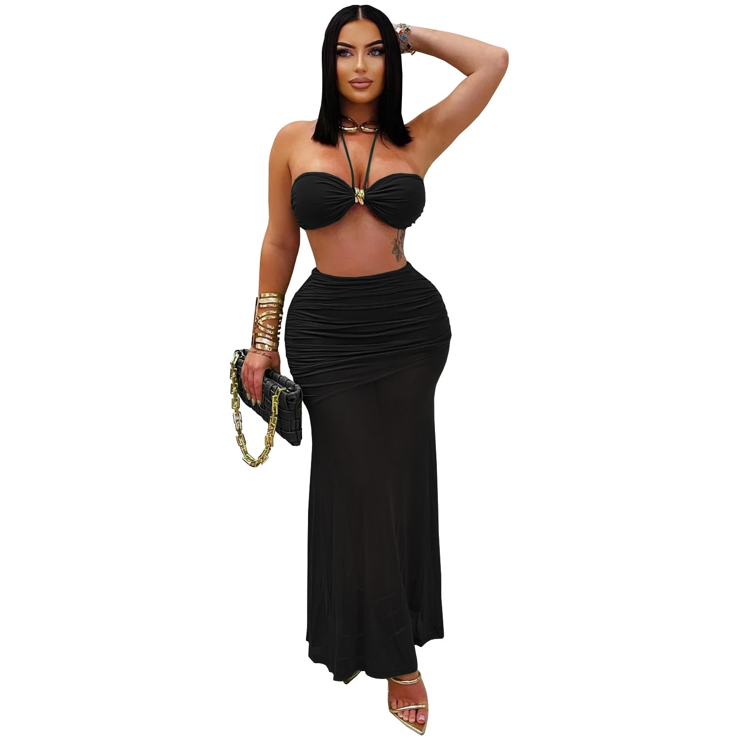 Sexy Strapless Ruched Mesh Mermaid Long Skirt Set 12