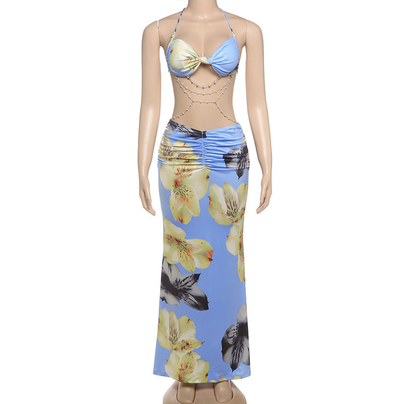 Women's Spring Halter Neck Tie Beaded Chain Slim Low Back Sexy Dress 22