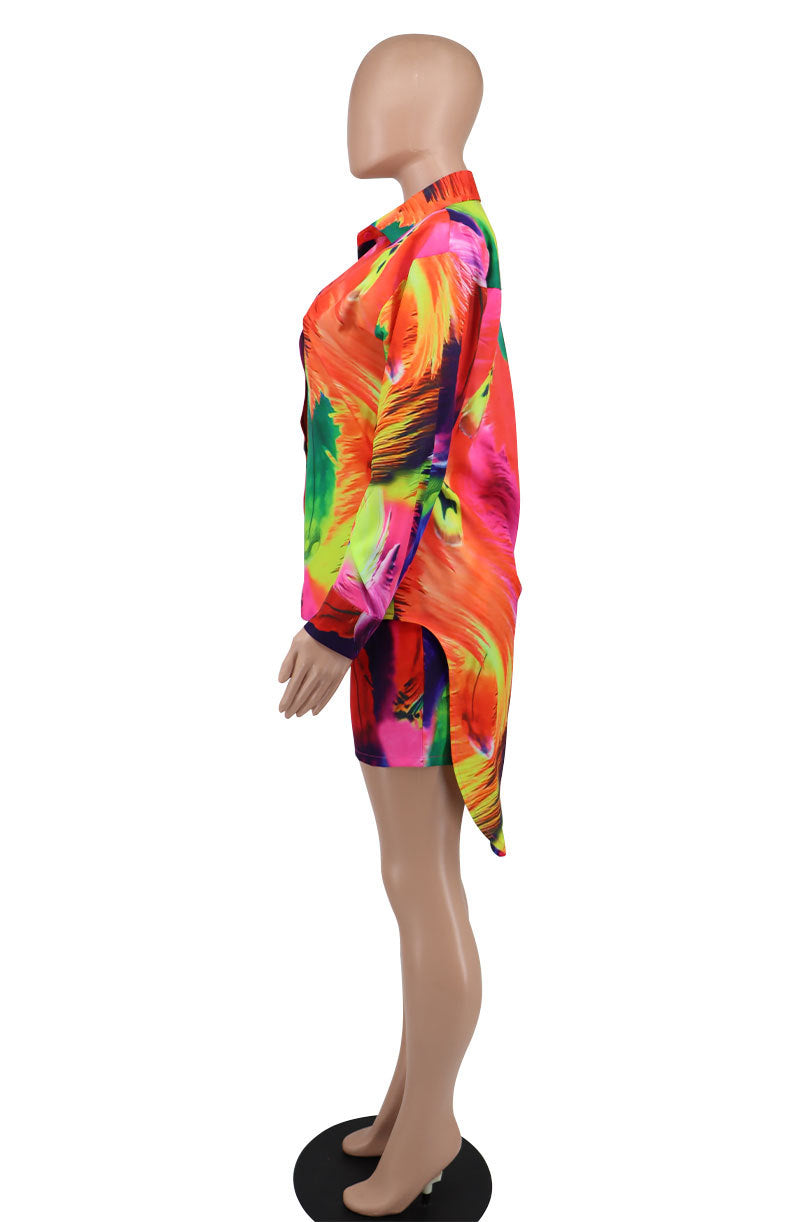 Women Chic Print Long Sleeve Shirt + Shorts Two Piece Set 15