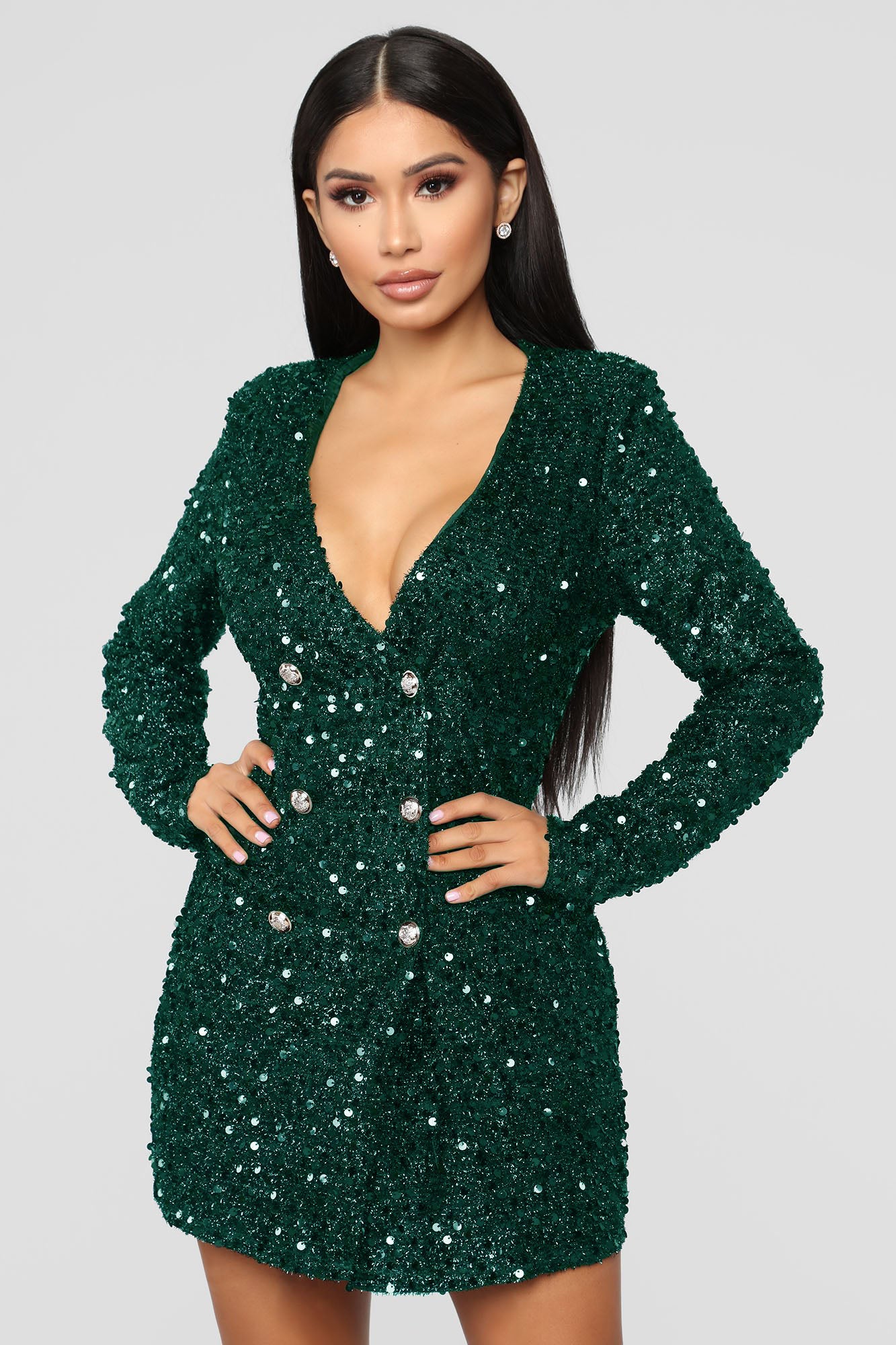 Women Sexy Black Sequins double breasted long sleeve career dress 3