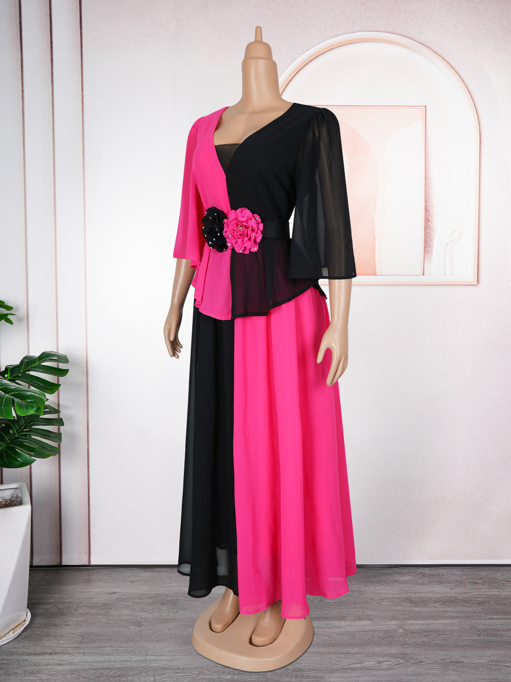 African Women's Elegant Plus Size Chiffon Patchwork Contrast Long Dress 9