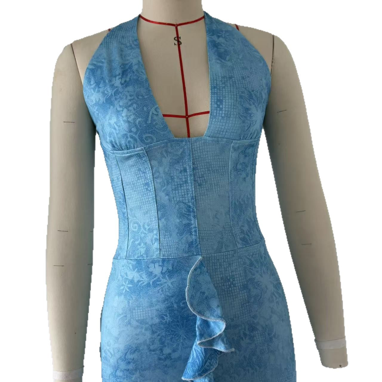 Women Sexy Print Halter Neck Lace-Up Backless Dress 9