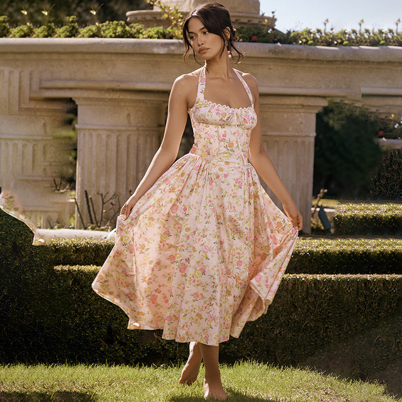 Summer Fashion Print Halter Neck Strap Long Dress
