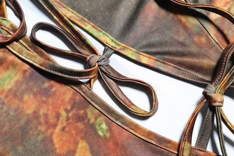 Fashion Printed Retro Long Sleeve Round Neck Hollow Lace-Up Bodycon Women's Dress 12