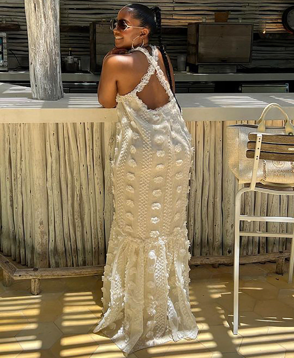 Women Sexy Flowers Halter Neck Cascading Ruffles Dress 5