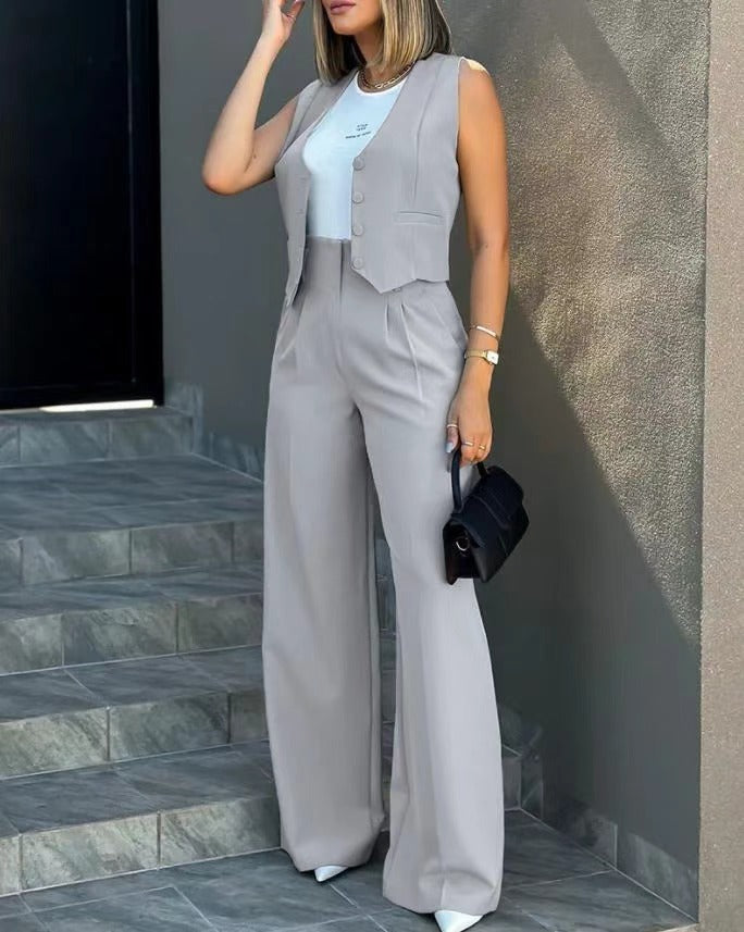 Women's Fashion Solid Color Suit Slim Vest Wide Leg Pants Casual Set 3