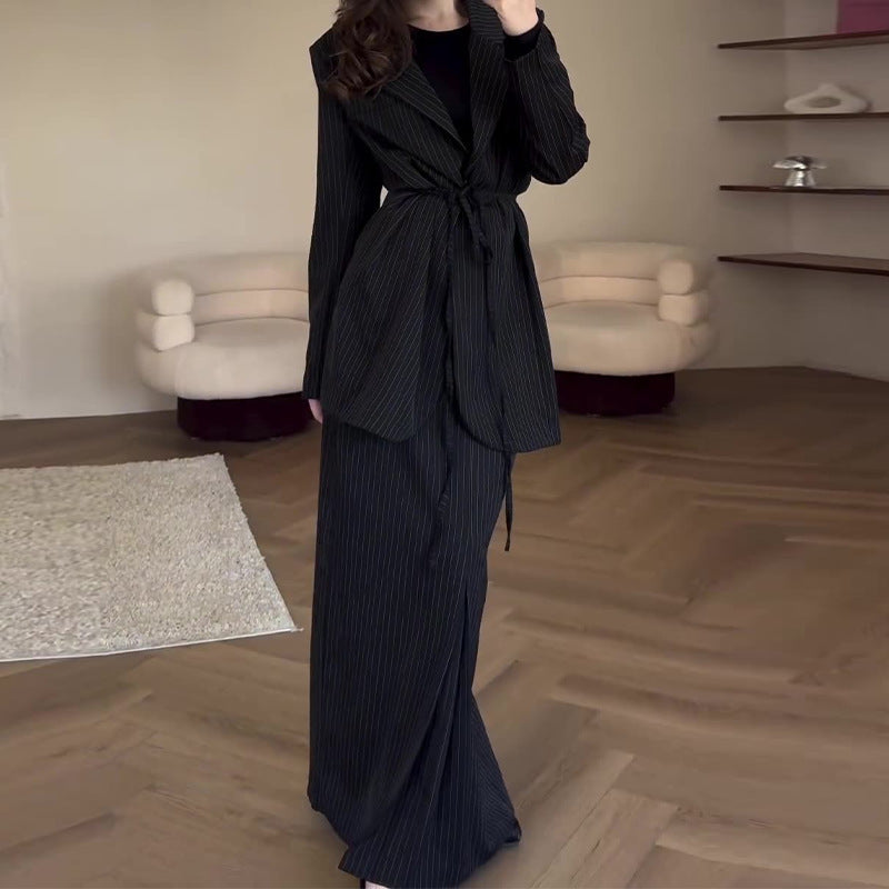 Women Fall Solid Lace-Up Blazer and Skirt Two-Piece Set 7