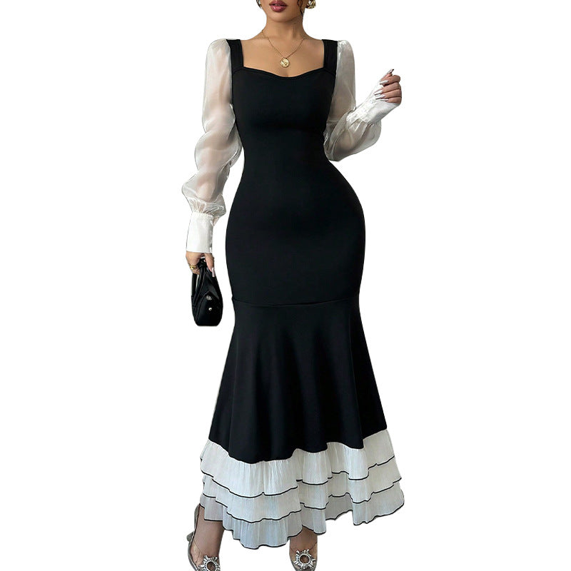 Women autumn long-sleeved contrast color fishtail dress 8