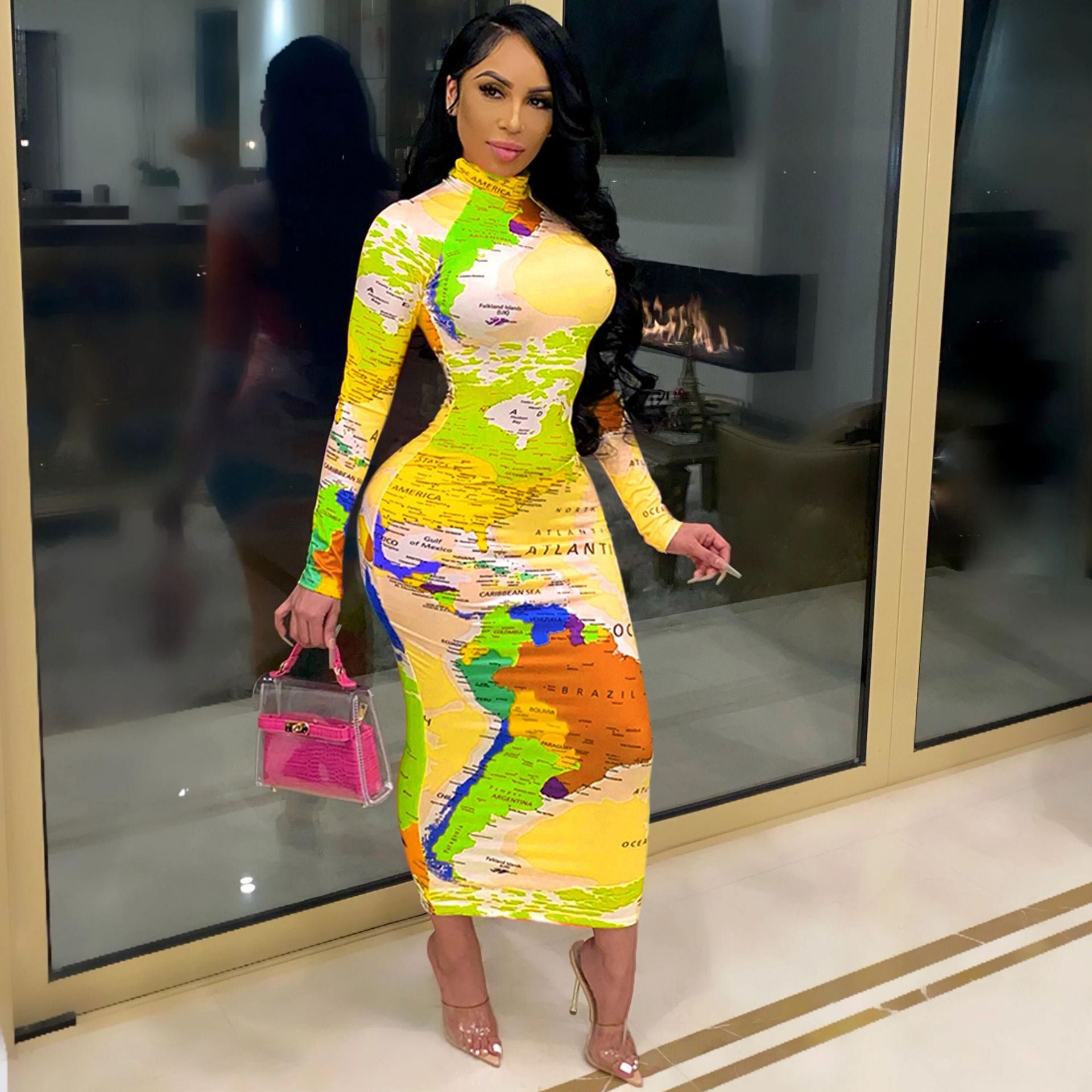 High Neck Long Sleeve Printed Long Dress Fashionable Women's Dress 4