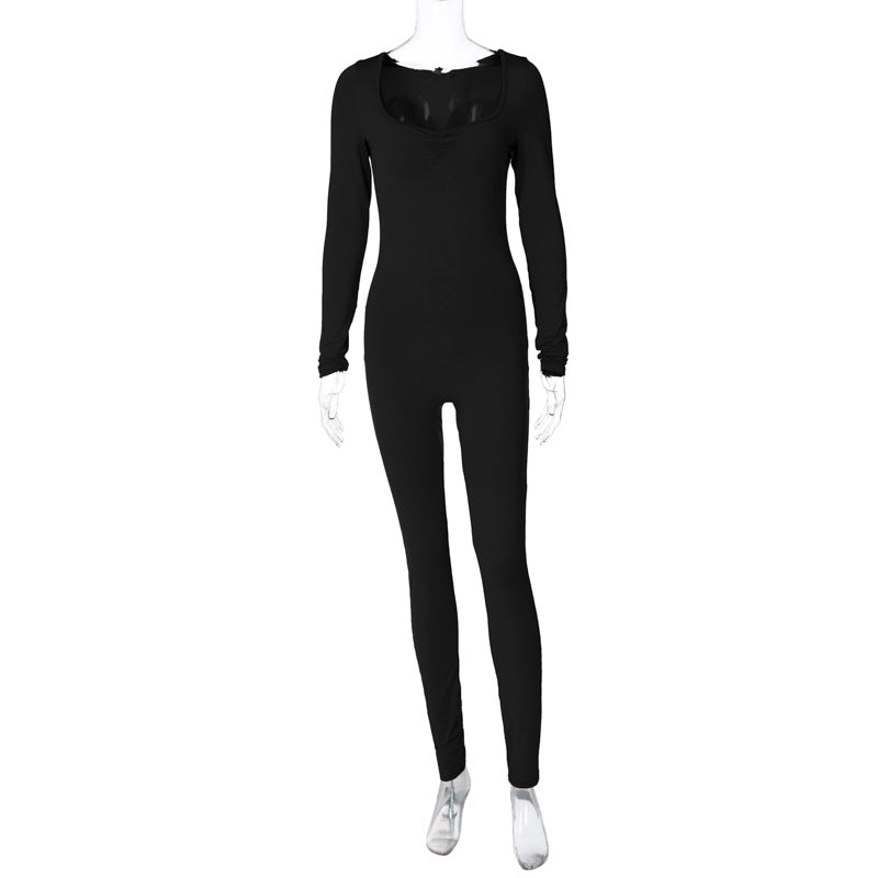 Women Winter Solid Square Neck Pleated Long Sleeve Jumpsuit 9