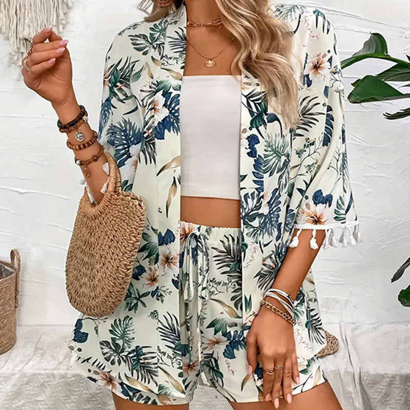 Women Beach Print Tassel Short Sleeve Shirt and Shorts Two Piece Set 7