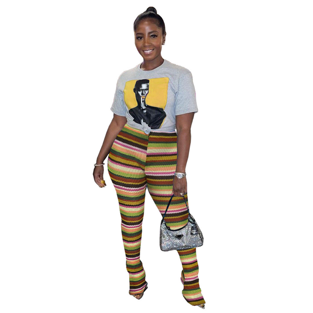 Women's Colorful Striped knitting Hollow Jacquard Fashion Pants Bell Bottom Pants 6