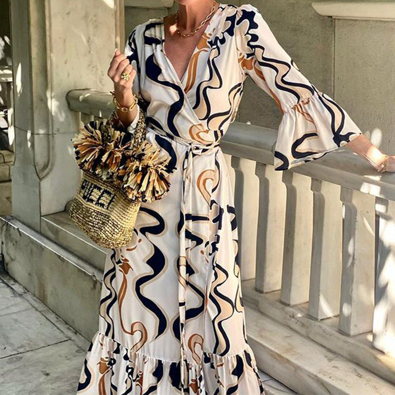 Women Printed Long Sleeve Beach Holidays Maxi Dress 5