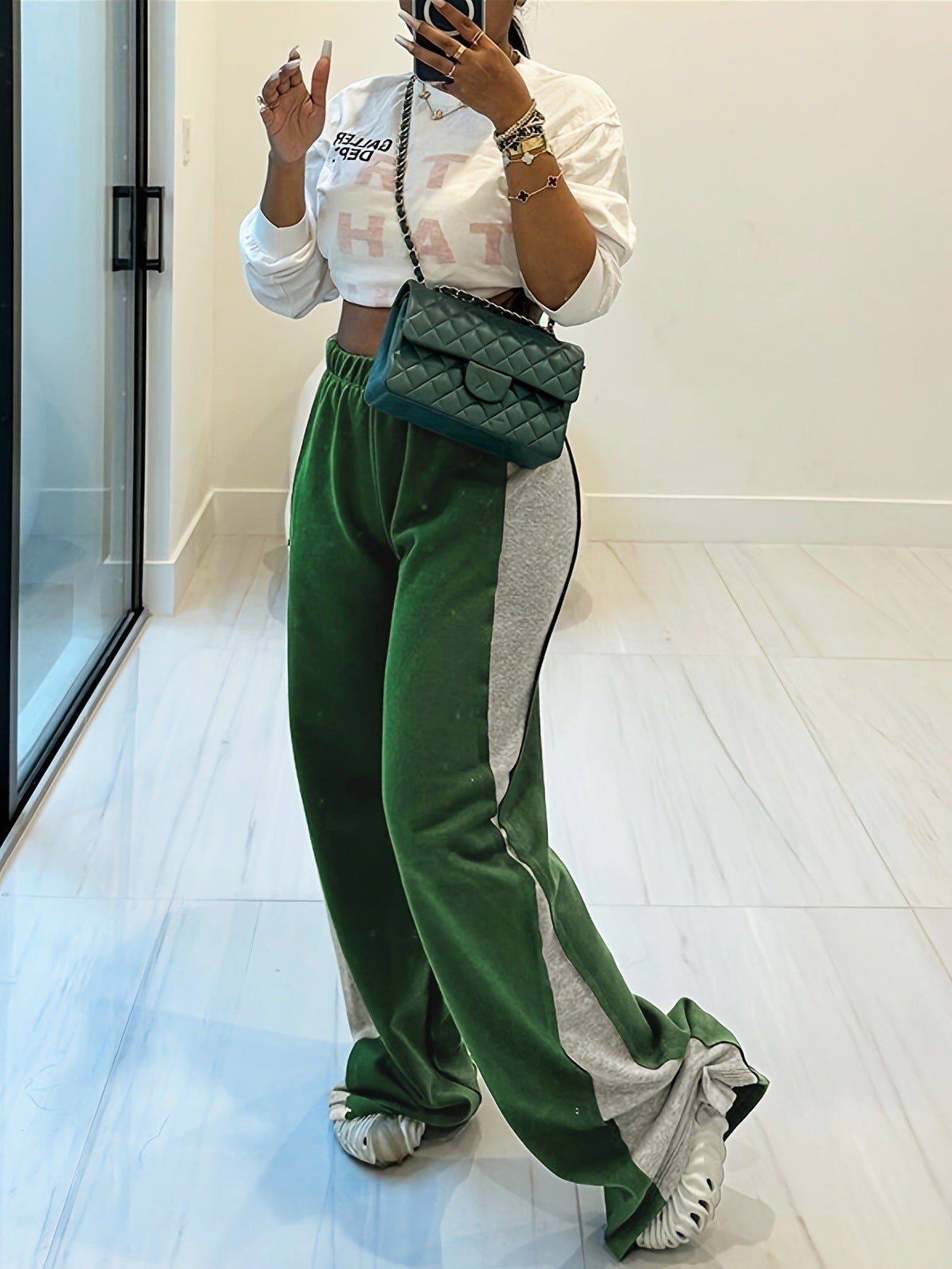 Women Autumn Casual Contrast Patchwork Wide-Leg Pants 5