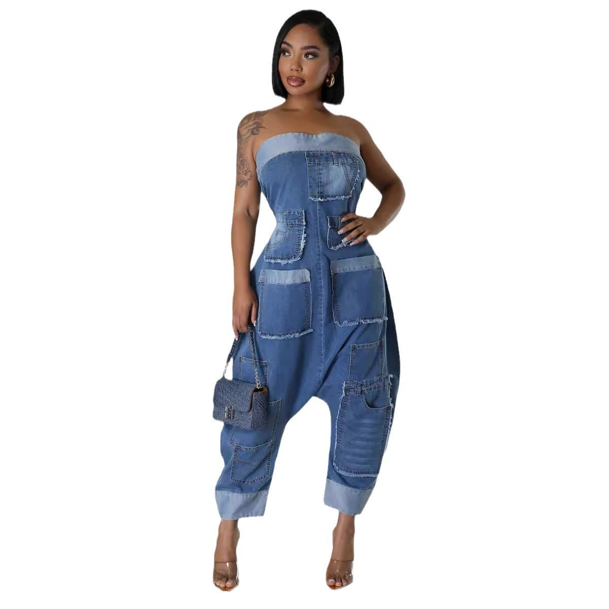 Denim Cargo Multi-Pocket Patchwork Loose Strapless Jumpsuit 6