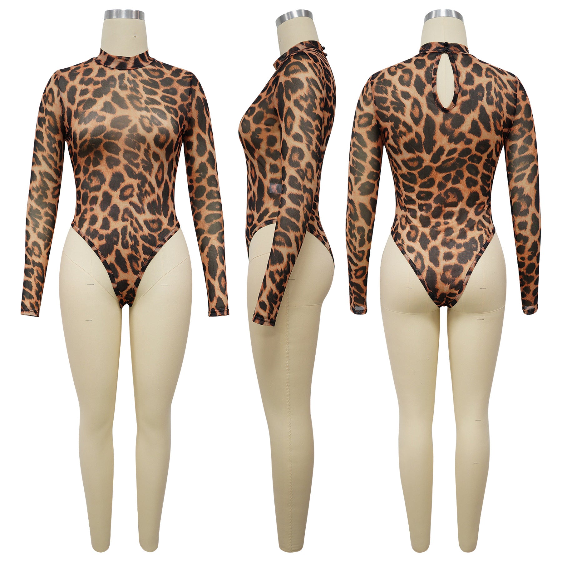 Women Sexy Leopard Print See-Through Bodysuit and Slit Skirt Two-Piece Set 6