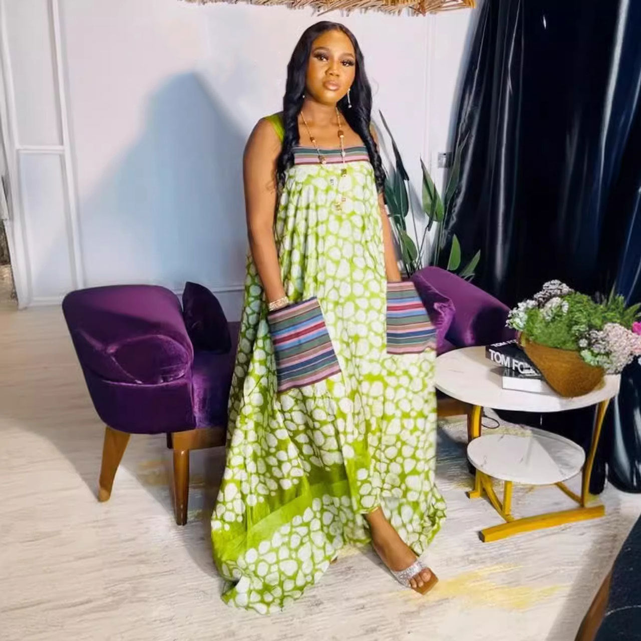 Strap Multi-Color Print Loose Maxi Dress 7