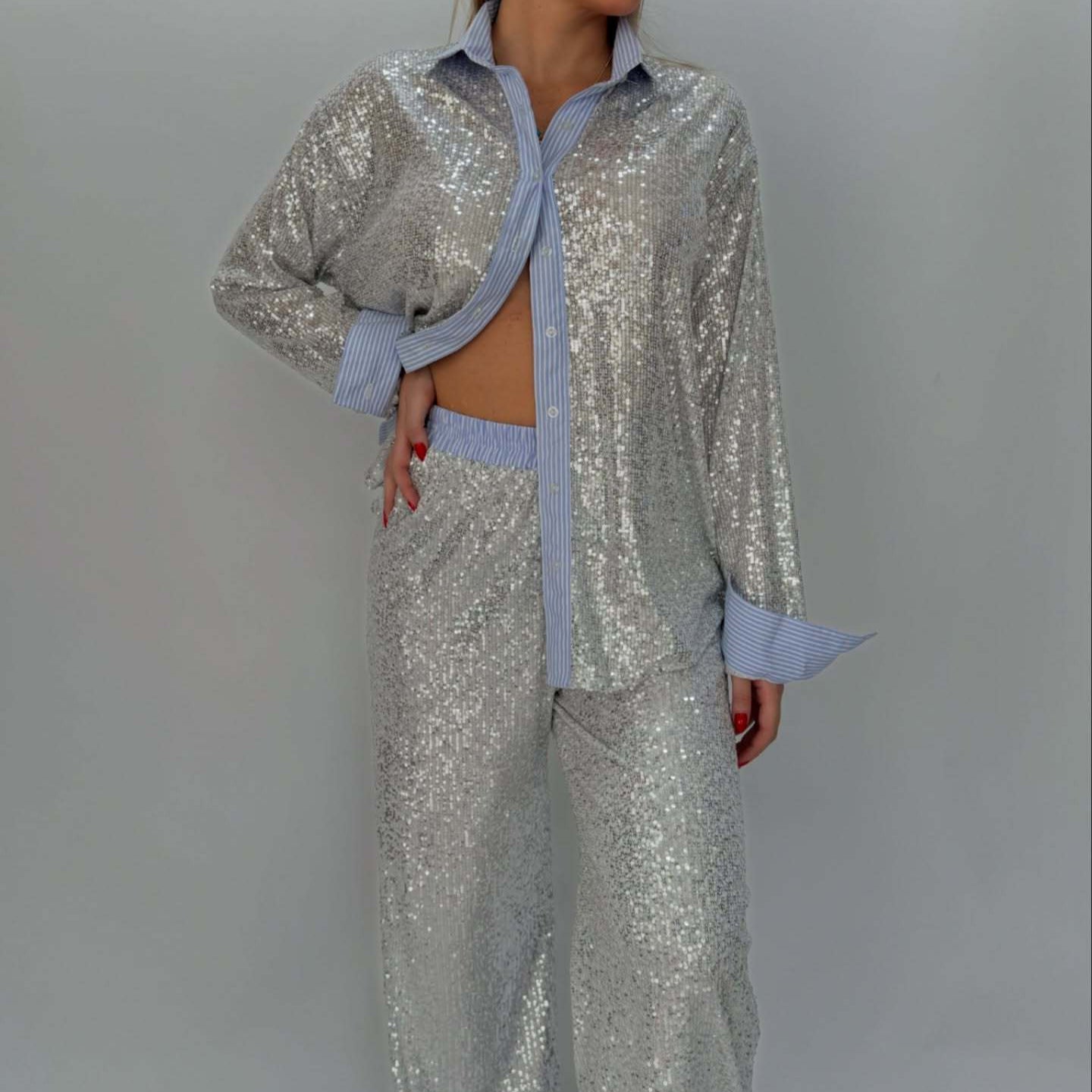 Women Casual Sequin Blazer and Wide-Leg Pants Two-Piece Set