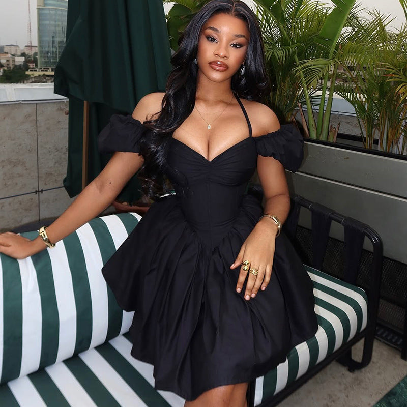 Women's Elegant Chic Solid Slim-Waist Pleated Halter Neck V-Neck Short Dress