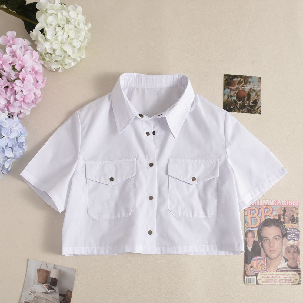 Women's Summer Turndown Collar Pocket Button Sexy Short Sleeve Shirt 7