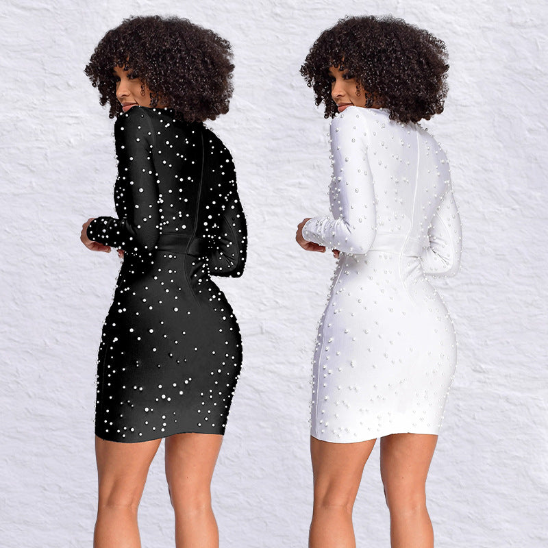 Women Solid Winter Beaded Long Sleeve Bodycon Dress 5
